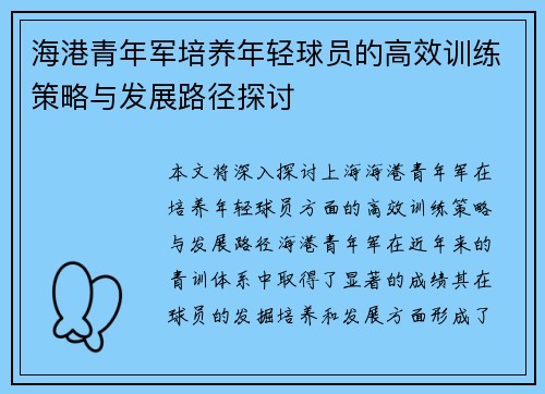 海港青年军培养年轻球员的高效训练策略与发展路径探讨